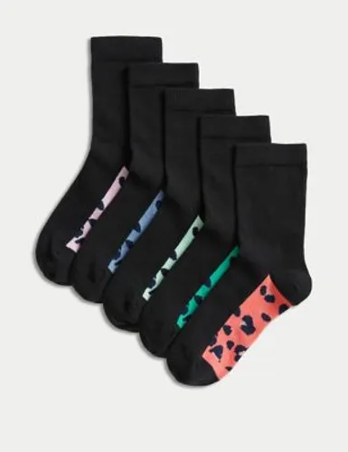 M&S Girls 5pk Cotton Rich Animal Print School Socks - 8-12 - Black Mix, Black Mix