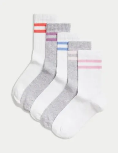 M&S Girls 5pk Cotton Rich Ankle Ribbed Stripe Socks (6 Small -7 Large) - 12+3+ - Multi, Multi