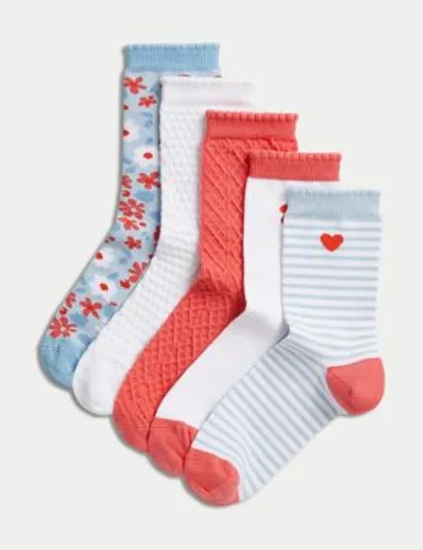M&S Girls 5pk Cotton Rich Assorted Socks (6 Small - 7 Large) - 6-8+ - Multi, Multi