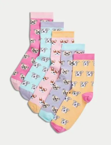 M&S Girls 5pk Cotton Rich Dog Socks - 8-12 - Multi, Multi