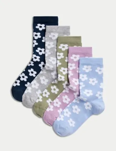M&S Girls 5pk Cotton Rich Floral Socks (6 Small - 7 Large) - 8-12 - Multi, Multi