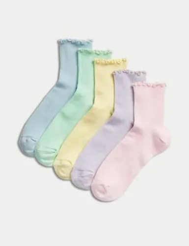 M&S Girls 5pk Cotton Rich Ribbed Socks (6 Small - 7 Large) - 12+3+ - Multi, Multi