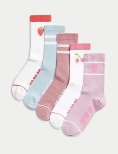 M&S Girls 5pk Cotton Rich Ribbed Striped Heart Socks (6 Small -7 Large) - 8-12 - Multi, Multi