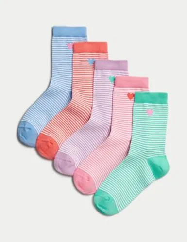 M&S Girls 5pk Cotton Rich Striped Socks (6 Small - 7 Large) - 8-12 - Multi, Multi