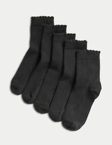 M&S Girls 5pk of Short Picot Socks - 12+3+ - Black, Black,White