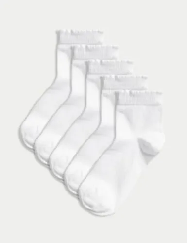 M&S Girls 5pk of Short Picot Socks - 6-8+ - White, White,Black