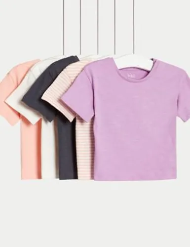 M&S Girls 5pk Pure Cotton Plain & Striped T-Shirts (0-3 Yrs) - 0-3 M - Multi, Multi