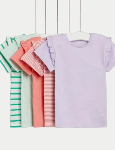 M&S Girls 5pk Pure Cotton Plain & Striped Tops (0-3 Yrs) - 3-6 M - Multi, Multi