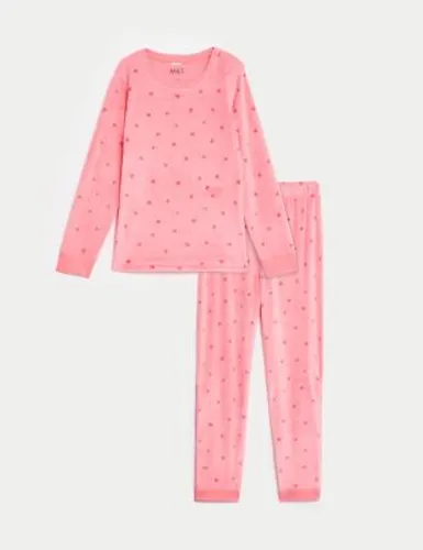 M&S Girls Adaptive Heart Print Velour Pyjamas (1-16 Yrs) - 10-11 - Pink Mix, Pink Mix