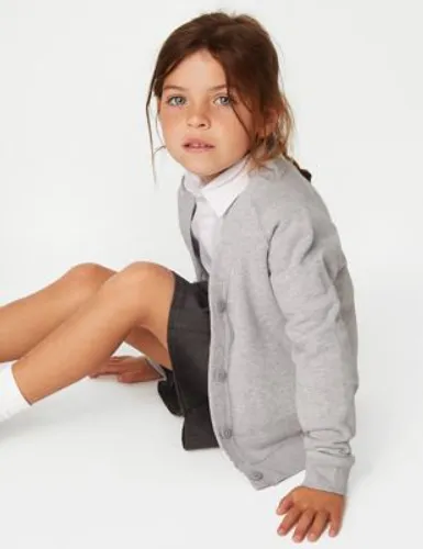 M&S Girls Cotton Regular Fit School Cardigan (2-16 Yrs) - 11-12REG - Grey Marl, Grey Marl,Bottle Green