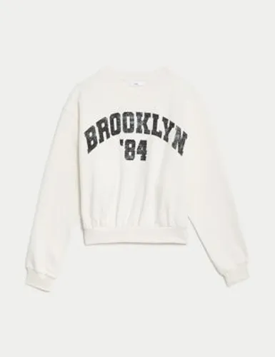 M&S Girls Cotton Rich Brooklyn Slogan Sweatshirt (6-16 Yrs) - 6-7 Y - Ecru Mix, Ecru Mix