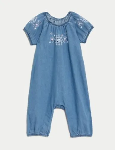 M&S Girls Cotton Rich Embroidered Romper (0-3 Yrs) - 3-6 M - Chambray, Chambray