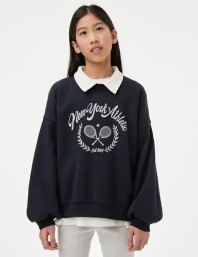 M&S Girls Cotton Rich Embroidered Sweatshirt (6-16 Yrs) - 7-8 Y - Navy, Navy