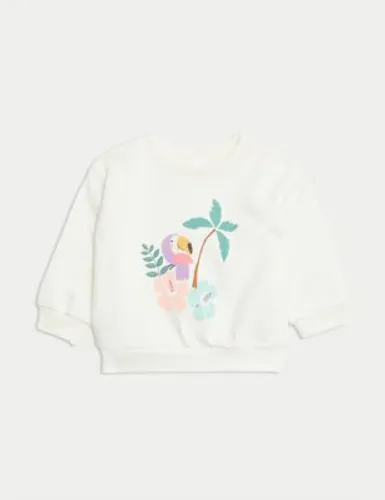 M&S Girls Cotton Rich Palm Tree Sweatshirt (0-3 Yrs) - 9-12M - Cream Mix, Cream Mix
