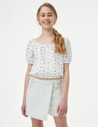 M&S Girls Cotton Rich Patterned Top (6-16 Yrs) - 9-10Y - Ivory Mix, Ivory Mix