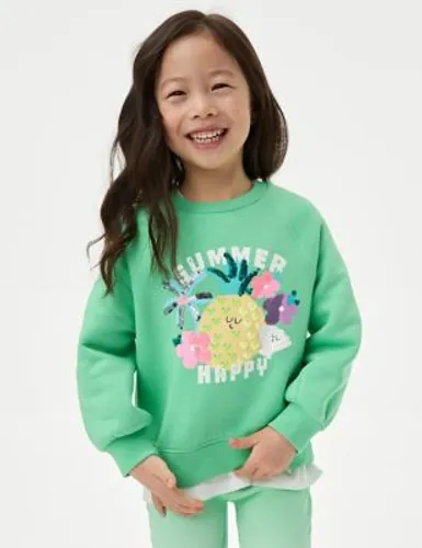 M&S Girls Cotton Rich Print Sequin Sweatshirt (2-8 Yrs) - 5-6 Y - Green, Green,Purple