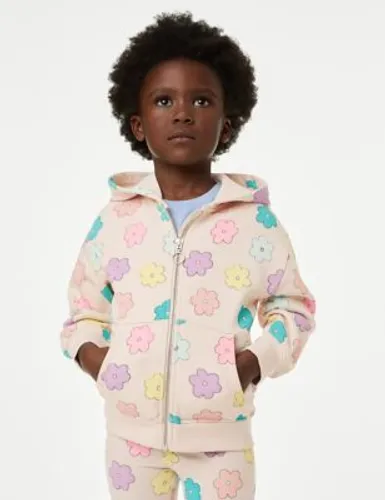 M&S Girls Cotton Rich Printed Zip Hoodie (2-8 Yrs) - 7-8 Y - Calico, Calico,Pink Mix,Multi,Turquoise,White Mix
