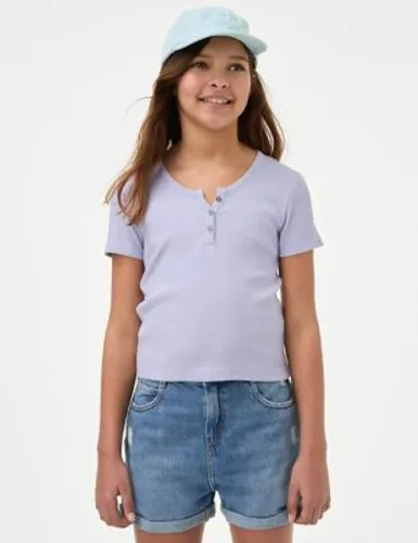 M&S Girls Cotton Rich Ribbed Button T-Shirt (6-16 Yrs) - 12-13 - Lilac, Lilac,Ivory,Blue,Grey
