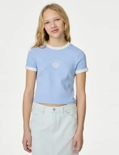 M&S Girls Cotton Rich Shell Print Ribbed T-Shirt (6-16 Yrs) - 6-7 Y - Blue, Blue,Ecru