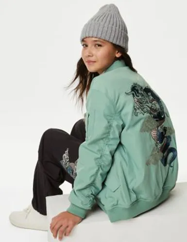 M&S Girls Embroidered Dragon Bomber (6-16 Yrs) - 6-7 Y - Green, Green
