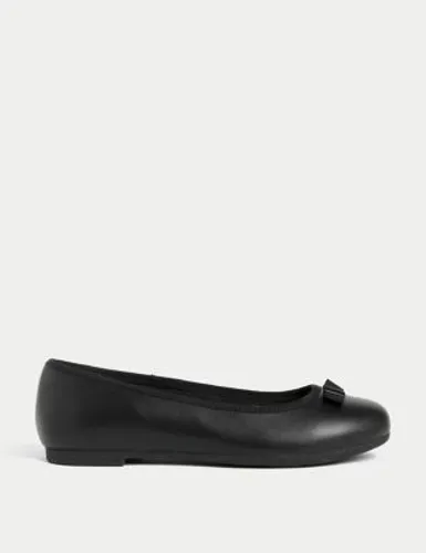 M&S Girls Leather Ballerina Bow School Shoes (13 Smal l- 7 Large) - 4 LSTD - Black, Black