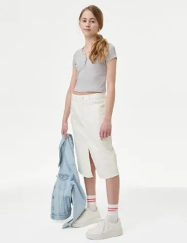 M&S Girls Midi Denim Skirt (6-16 Yrs) - 7-8 Y - Ivory, Ivory
