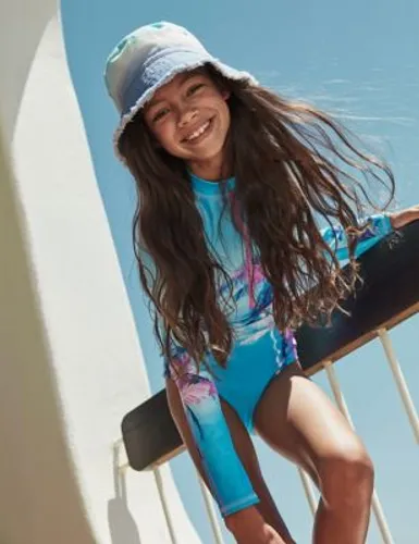 M&S Girls Printed Long Sleeve Swimsuit (6-16 Yrs) - 11-12 - Blue Mix, Blue Mix,Black Mix,Coral