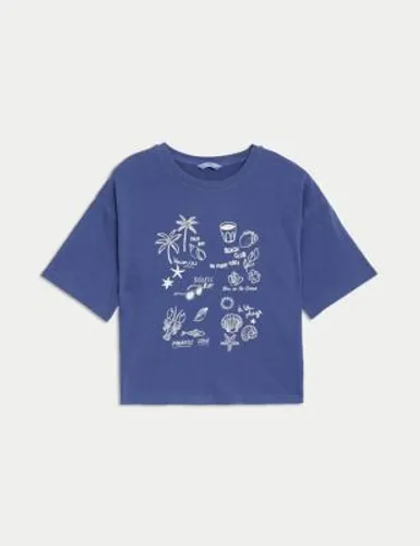 M&S Girls Pure Cotton Beach Club Print T-Shirt (6-16 Yrs) - 7-8 Y - Blue, Blue