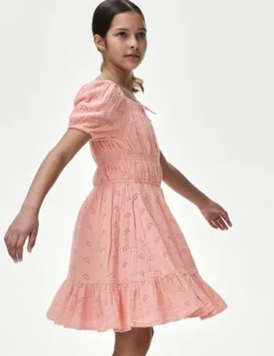 M&S Girls Pure Cotton Broderie Dress (6-16 Yrs) - 14-15 - Coral, Coral