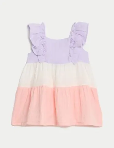 M&S Girls Pure Cotton Colour Block Frill Dress (0-3 Yrs) - 6-9 M - Pink Mix, Pink Mix