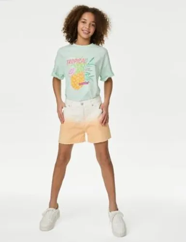 M&S Girls Pure Cotton Denim Shorts (6-16 Yrs) - 6-7 Y - Orange Mix, Orange Mix,Denim,Multi