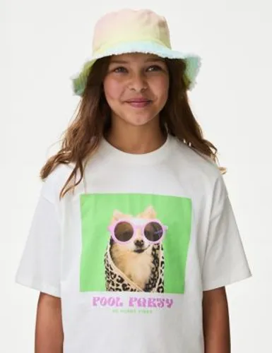 M&S Girls Pure Cotton Dog T-Shirt (6-16 Yrs) - 7-8 Y - Ivory, Ivory