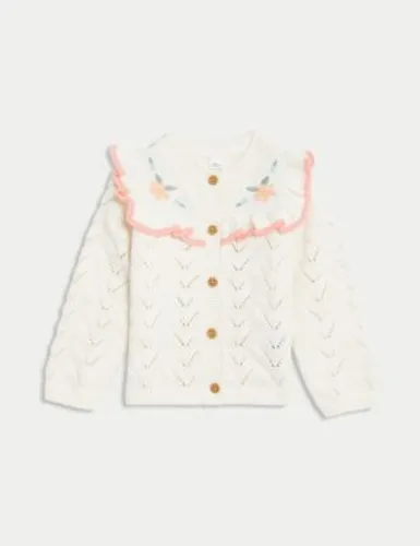 M&S Girls Pure Cotton Embroidered Cardigan (0-3 Yrs) - 3-6 M - Cream Mix, Cream Mix