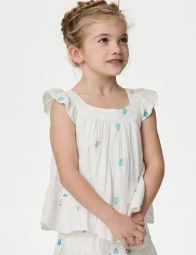 M&S Girls Pure Cotton Embroidered Top (2-8 Yrs) - 7-8 Y - White, White