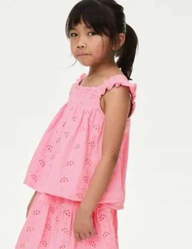 M&S Girls Pure Cotton Floral Embroidered Top (2-8 Yrs) - 2-3 Y - Pink, Pink