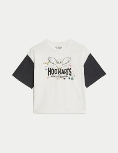 M&S Girls Pure Cotton Harry Potter™ Hedwig T-Shirt (6-16 Yrs) - 9-10Y - Ivory Mix, Ivory Mix
