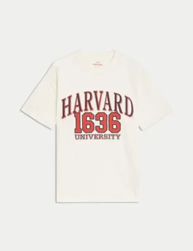 M&S Girls Pure Cotton Harvard Slogan T-Shirt (6-16 Yrs) - 6-7 Y - Ecru Mix, Ecru Mix