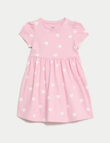 M&S Girls Pure Cotton Heart Print Dress (0-3 Yrs) - 3-6 M - Pink Mix, Pink Mix