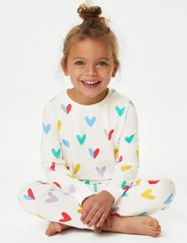 M&S Girls Pure Cotton Heart Print Pyjamas (1-8 Yrs) - 1-2Y - Ivory, Ivory