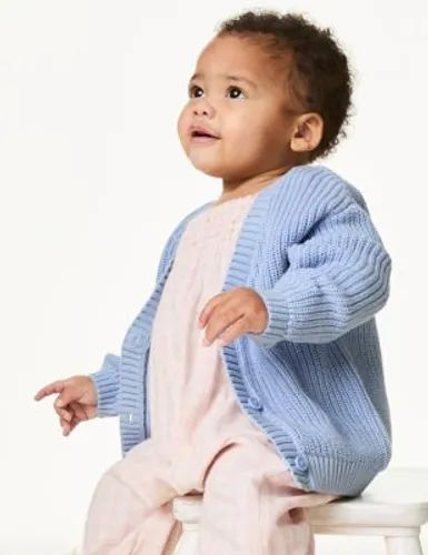 M&S Girls Pure Cotton Knitted Cardigan (0-3 Yrs) - 0-3 M - Blue, Blue,Coral