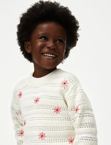 M&S Girls Pure Cotton Knitted Floral Jumper (2-8 Yrs) - 7-8 Y - Ivory Mix, Ivory Mix,Blue Mix