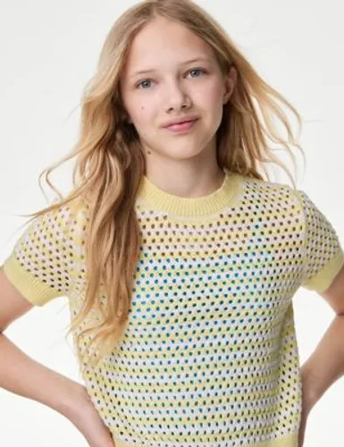 M&S Girls Pure Cotton Knitted Top (6-16 Yrs) - 7-8 Y - Yellow, Yellow,Blue