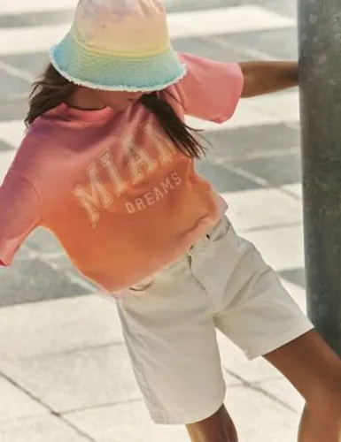 M&S Girls Pure Cotton Palm Beach T-Shirt (6-16 Yrs) - 15-16 - Orange Mix, Orange Mix,Ivory Mix