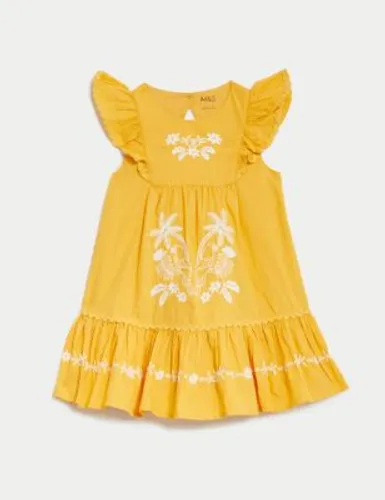 M&S Girls Pure Cotton Parrot Applique Dress (0-3 Yrs) - 3-6 M - Ochre, Ochre