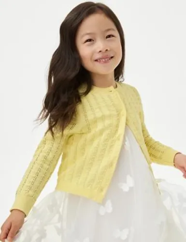 M&S Girls Pure Cotton Pointelle Cardigan (2-8 Yrs) - 6-7 Y - Yellow, Yellow,Ivory,Light Lilac,Light Turquoise,Light Rose,Bright Coral