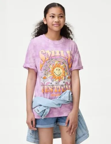 M&S Girls Pure Cotton SmileyWorld® T-Shirt (6-16 Yrs) - 6-7 Y - Purple Mix, Purple Mix