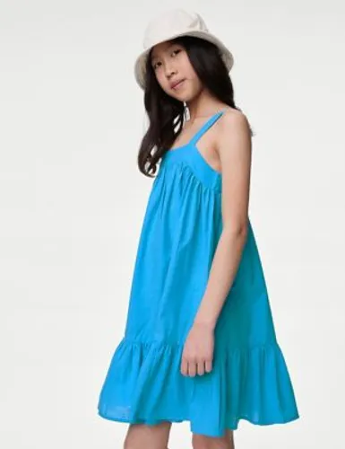 M&S Girls Pure Cotton Tiered Dress (6-16 Yrs) - 15-16 - Blue, Blue,Multi