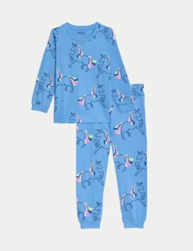 M&S Girls Pure Cotton Unicorn Pyjamas (1-8 Yrs) - 2-3 Y - Blue, Blue