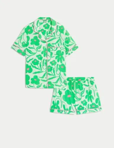 M&S Girls Satin Floral Print Pyjamas (6-16 Yrs) - 6-7 Y - Green Mix, Green Mix