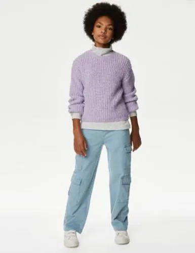 M&S Girls Straight Denim Cargo Jeans (6-16 Yrs) - 8-9 Y - Blue, Blue,Stone,Khaki,Charcoal